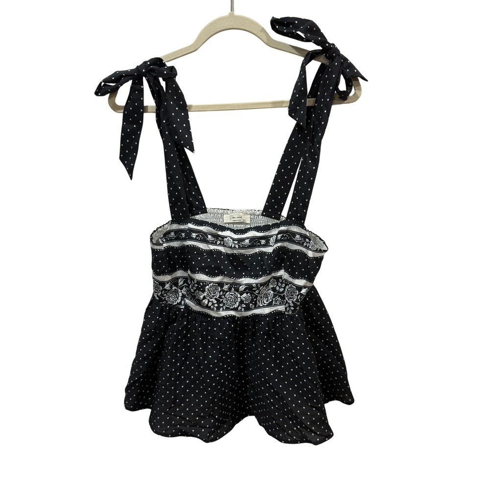 Doe and Rae Black Polka Dot Floral Tie Shoulder Babydoll Camisole Top Small